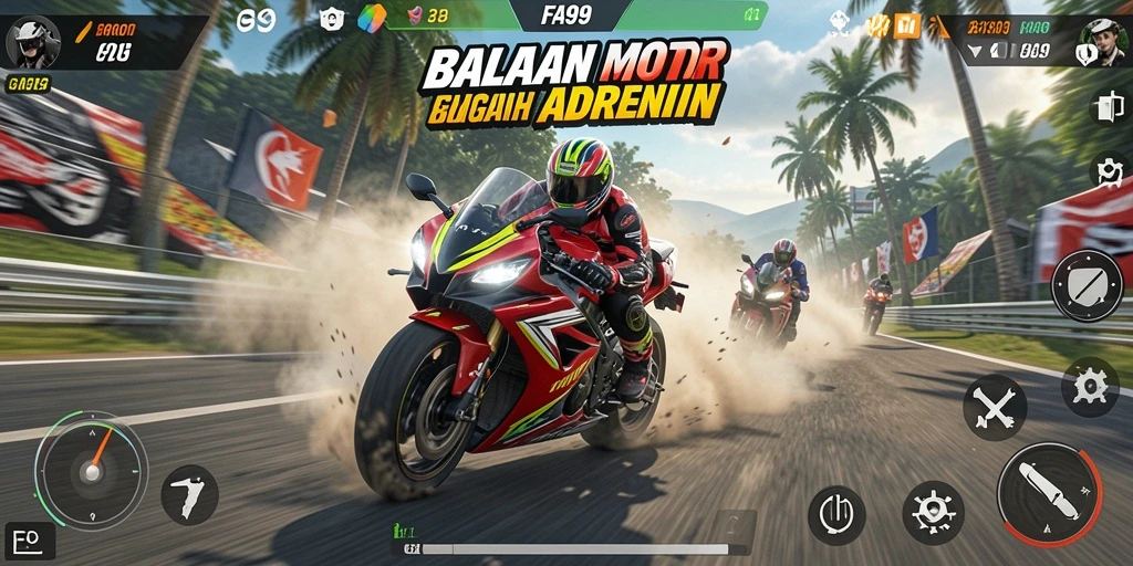 Tampilan dinamis dari gameplay balapan motor yang seru dan kompetitif.