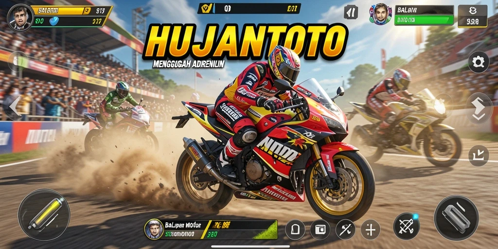 Tampilan gameplay seru dalam balapan motor yang mendebarkan.