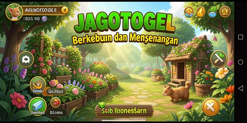 Screenshot gameplay menunjukkan kebun yang subur dan beragam tanaman.
