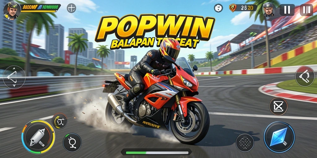 Screenshot dari gameplay POPWIN yang menunjukkan aksi balapan motor intens.