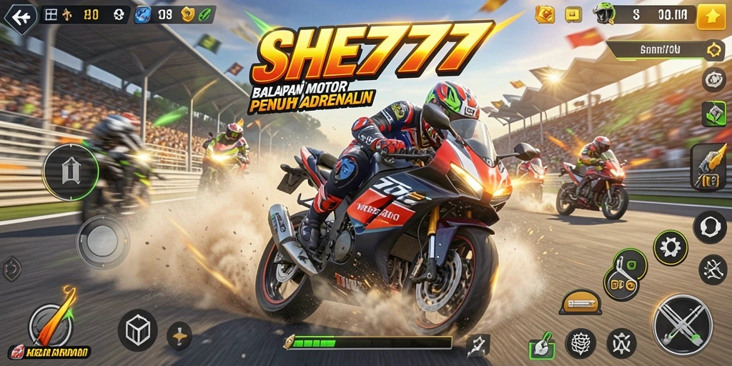 Tangkapan layar gameplay <strong>SHE777</strong> menampilkan aksi balapan motor yang intens dan mendebarkan.
