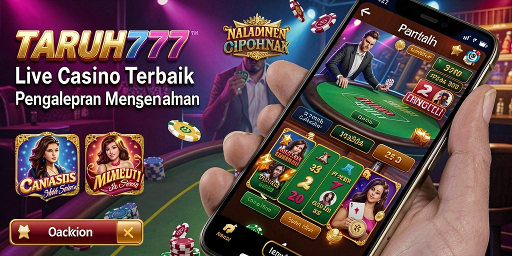 Screenshot TARUH777 menampilkan dealer langsung dan suasana permainan yang seru.